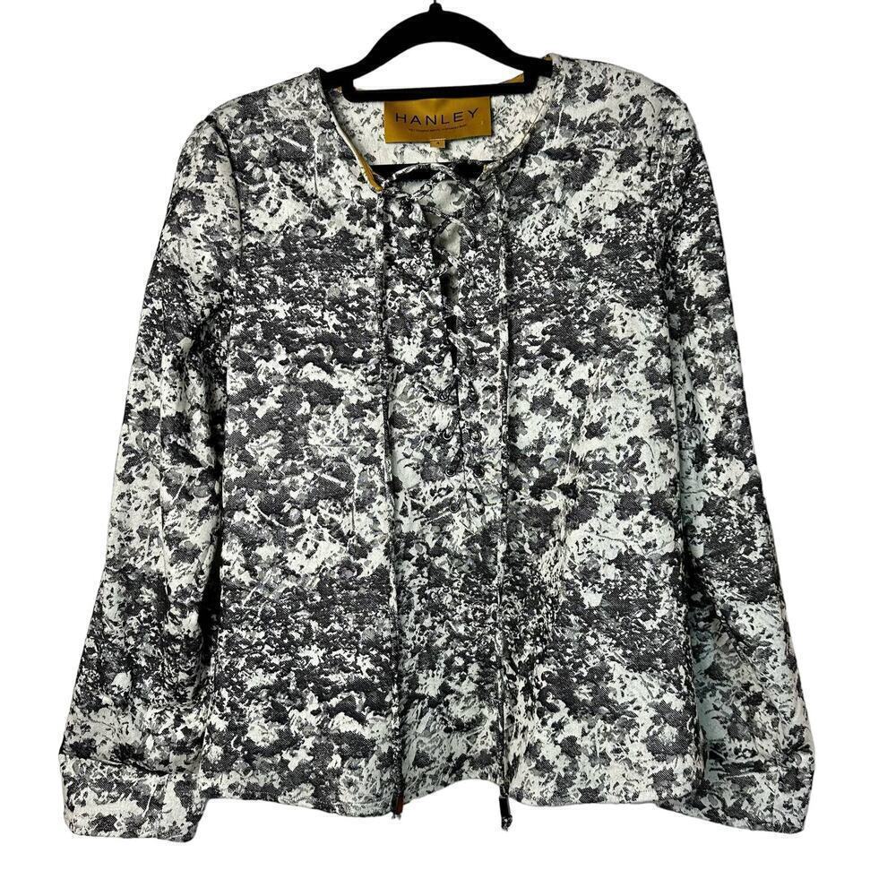 Hanley Mellon Blouse Lace Up Abstract Floral Long Sleeve Black White 4 S